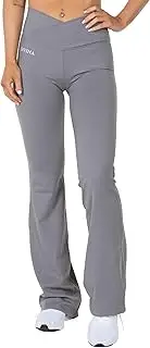 [Divina] Flare Tights Flared Leg Leggings with Cross-Over Waistband Perfect for Training, Yoga, Walking and Everyday Wear. Grey L