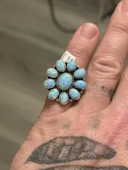STERLING SILVER NATIVE AMERICAN SW FIRE OPAL FLASH ADJ CLUSTER RING .925