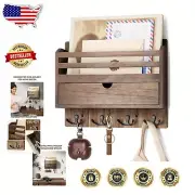 Handmade Farmhouse Mail Organizer with 7 Hooks & Storage Drawer - Rustic Charm