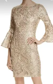 NWT Aidan Mattox Embroidery Gold champagne Sequin Bell-Sleeve Cocktail 2 Dress