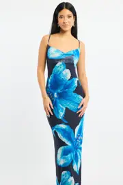 Blue Floral Maxi Dress Cowl Neck Mesh - Size 16XL, Women's Maxi Dress