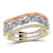 10k Tri-Tone Gold Diamond Stackable Rope Floral Band Ring 3-Piece Set 1/5 Cttw