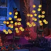 Outdoor Halloween Pathway Lights Decor，2 Pack 40 LED Halloween Pumpkin Stake Lights，Waterproof Orange Jack-O-Lantern Solar Decorative Pathway Lights for All Saints' Day Gravestone Garden Lawn Yard