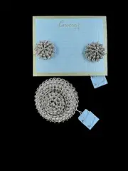 vintage Coro dome layered tiered Silvertone brooch & Earrings - ORIGINAL PACKAGE