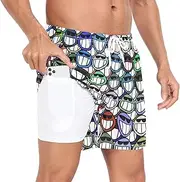 [GuoChe] Swim Trunks for Men Men's Double Layer Running Shorts Face Grin Laughs with Pockets and Compression Liner Board