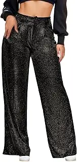 [Generic] Sparkly Sequin Pants for Women High Waist Sexy Metallic Party Shinny Pants Straight Leg Casual Trousers with Pockets