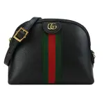 【GUCCI 古馳】經典OPHIDIA系列綠紅綠織帶牛皮拉鍊貝殼包(黑色)