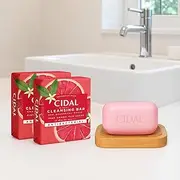 Cidal Pink Grapefruit Cleansing Bar Soap Bar, Antibacterial, With Grapefruit Extract 4x100 gr + Dr Cosi Natural Wooden Bamboo Soap Dish Storage Holder-Cleaning Set