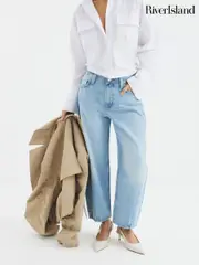River Island Blue 100% Cotton Petite Seamed Barrel Jeans (F66320) | $115
