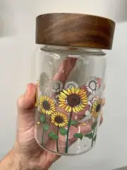 FavorFlavor 20FLOZ Glass Jar with Wood Lid,Vintage Sunflower Canning Jae