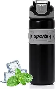 pluseight Stainless Steel Drinking Bottle, 600 ml, Leak-Proof Stainless Steel Bottle with Straw and Lid for School, Children, Women, Men, Leak-Proof and Sweatproof with Anti-Dust Lid (Black)