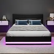 Artiss Queen Bed Frame Platform Headboard RGB LED Gas Lift Beds Base with Storage Space Frames Bedroom Room Decor Home Furniture, Upholstered with Black PVC Leather + Foam + Wood