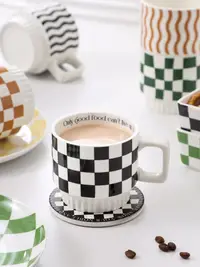 在飛比找松果購物優惠-北歐風格復古棋盤格美式咖啡杯黑白格子高顏值陶瓷馬克杯 (3.