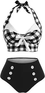 [DRESSFO] Women's Bikini Set Halter Two Piece High Waisted Swimsuit Plaid Retro Tummy Control Tankini Bathing Suit