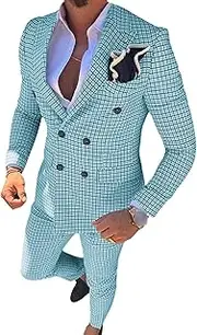 [JEShifangjiusu] Men - Casual Slim Plaid 2 Piece Suit Square Collar Blazer Tuxedo Sports Jacket Pants, Blue, XS