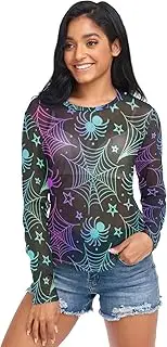 [RPLIFE] Neon Rainbow Spiders Webs Mesh Sleeve Tops for Women, Womens Sheer Tops S-XXL