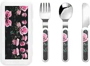 Pink Rose Print 3 Piece Set For Camping Stainless Steel Flatware, Spoon, Fork, Knife, Ideal For Outdoor