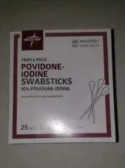 Povidone Iodine Swabstick Triples, Box of 75 Swabs Exp 10/26