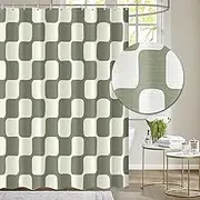 Tititex Retro Checkerboard Grid Pattern 140gsm Faux Linen Fabric Shower Curtain, Beige Sage Green Classical Groovy Wavy Checkered Shower Curtain Sets Decoration 72x72 Inch with Hooks