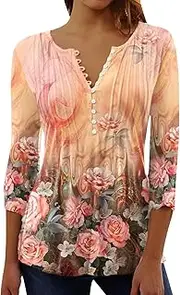 [Miekld] Womens Fashion Casual Floral Print V Neck Short Sleeve Pressed Button T Shirt Base Layer Shirt Long Sleeve