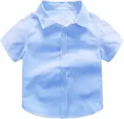 [Sctorikykt] Boys' Short Sleeve School Shirt with Open Neck and Lay Back Collar - Features Chest Pocket and Name Tag Label