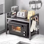 Joiena Extendable Microwave Oven Rack Black, Adjustable Microwave/Toaster Shelf Heavy Duty Stand Kitchen Counter Top Organizer, 2-Tier with 6 Hooks (Grey)
