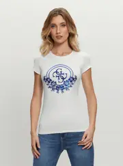 GUESS Eco White Blue Cheker Sequin T-Shirt Size: Large, Spandex