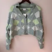 Cotton:On Women's Argyle Cardigan NWT Curve Collar Fluffy Rib Size 14 Fairy Boho