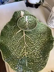 Vintage Bordallo Pinheiro Green Cabbage Leaf Large Chip And Dip Serving Bowl