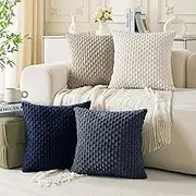 Set of 4 Navy White Taupe Decorative Throw Pillow Covers 18x18 Inch Corduroy Pillow Covers for Bed Couch Sofa Living Room Soft Square Cushion Cases