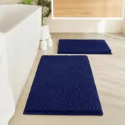 2 Pieces Bathroom Rugs, Non Slip Absorbent Chenille Toilet Bath Mat Set (Navy...