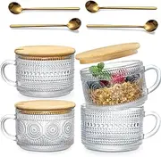 MOTYYA 4 Pcs Vintage Glass Coffee Mugs, Overnight Oats Containers with Lids and Spoons, 14oz Clear Embossed Glasses Cups Cute Coffee Bar Accessories for Cappuccino, Beverages, Tea, Latte, Oats, Gift
