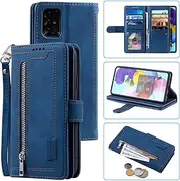 EYZUTAK Wallet Phone Case for Samsung Galaxy A51(4G), Retro Matte 9 Card Holder Slots Zipper Pocket Case PU Leather Magnetic Closure Kickstand with Wrist Strap Shockproof Folio Flip Case-Blue