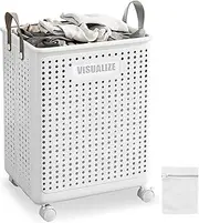 Cozi Ultra Wheeled Laundry Hamper with Handle & Wheels, Collapsible Clothes Basket for Easy Rolling, Foldable Storage Bin for Bedroom, Bathroom, Dorm, Plastic, White