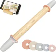 Adjustable Wood Rolling Pin with 5 Thickness Rings, Precise Dough Roller Handle