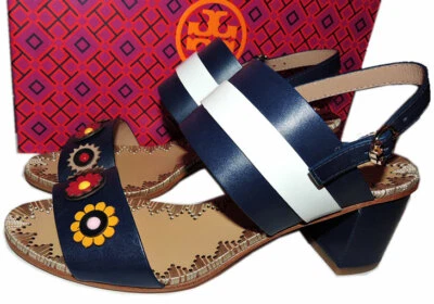 Tory Burch Sandals Blue Marguerite Two Bands Shoes Flower Slingbacks 8.5