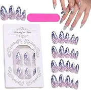 Medium Press on Nails - almond shape press ons, 3D design fake nails, medium french tip nails | diamond crystal piece set 12 sizes, simple advanced nail kit for women girls manicure setup