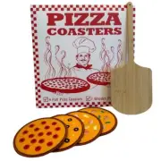 White Elephant Gifts - Set of 4 Felt Pizza Drink Coasters with Mini Wooden