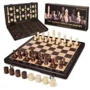 2 in 1 Wooden Magnetic Chess Set & Checkers Board Game-15'' Foldable Chess