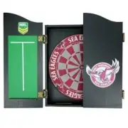 49657 MANLY SEA EAGLES NRL TEAM DART BOARD IN TIMBER CABINET W/SCORING BOARD