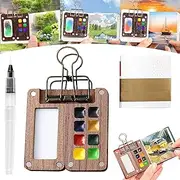 Mini Watercolour Travel Paint Set, Portable Palette Set with 8 Grids Mini Wood Palette Box, Sketchbook Palette Pocket Travel Paint Tray Box with Metal Clip