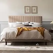 Zinus Debi Double Upholstered Fabric Platform Bed Frame Base Mattress | Tall Headboard | Wooden Slat Support Steel Frame - Cream