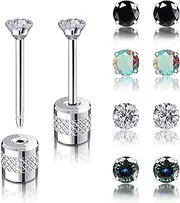 [GUIJUEYE] Titanium Threadless Flat Back Nap Earrings, 4 Pairs Hypoallergenic Medical Grade Surgical Steel Push Pin Backless Multiple Piercing CZ Sleep Stud Earrings for Cartilage Helix Tragus