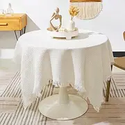 Blissora Round Tablecloth for Dining Table, Cotton Table Cover with Tassels for Outdoor Home Farmhouse Party Restaurants, Christmas Valentines Table Decorations (Square, Cream, 90cm)