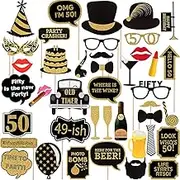 50th Birthday Photo Booth Props(41Pcs), 50 Fabulous Party Supplies, Gold and Black Birthday Favor Decorations for Men Women