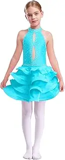 [Hedmy] Girls Ballroom Dance Dress Professional Sleeveless Rhinestones Latin Tango Salsa Competition Dancewear
