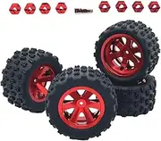 4 Pack of Rubber Tyres And Wheels with Hex Wheel Hubs for RC Vehicles, Red