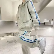 Set: Striped Hooded Zip Jacket + High-Waist Drawstring Harem Pants Set of 2 - Jacket & Pants - Gray - S