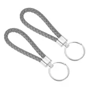2Pcs Braided Leather Keychain PU Key Ring Woven Ornament Lanyard Straps, Gray