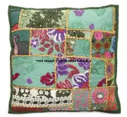 16" Indian Patchwork Embroidery Sofa Pillow Throw Decor Green Cushion Cover Boho